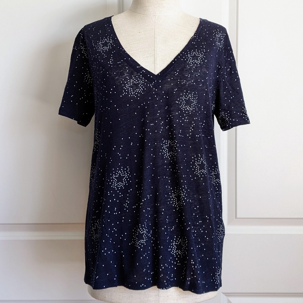 Rails Tee Linen Blend Star Print V-Neck Short Sleeve Semi Sheer Navy White M NWT - Picture 1 of 11